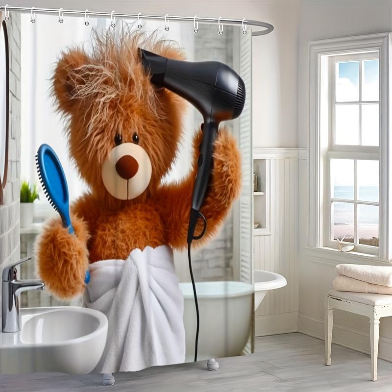 1/4pcs Funny Teddy Bear Shower Curtain Set Cute Animal Drying Hair Pattern Waterproof Fabric Bath Curtain with 12 Hooks Non Slip Rug and Toilet Cover