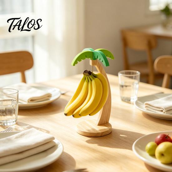 Tropical Kitchen Decor Wooden Banana Hanger, Coconut Tree Shape, with Metal Hook, Fruit Stem Hanger Theme Stable Base Rack, for Countertop Solid Wood