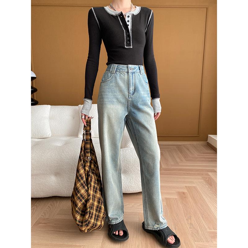 Sinan American Retro Distressed Straight Wide-Leg Jeans SN5444 S