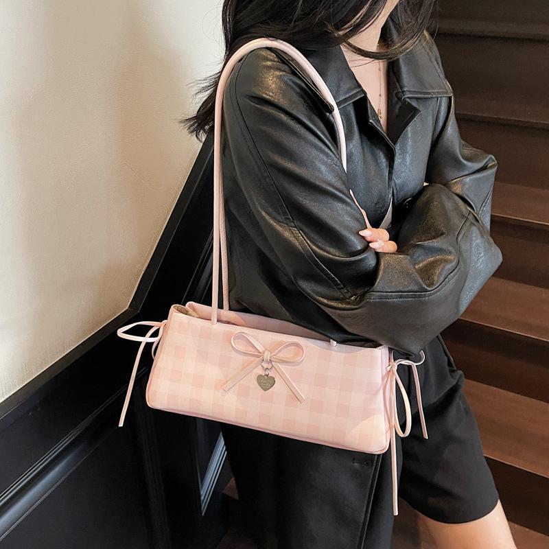 Bow small bag women's summer new fashion plaid baguette bag summer simple commuter shoulder bag