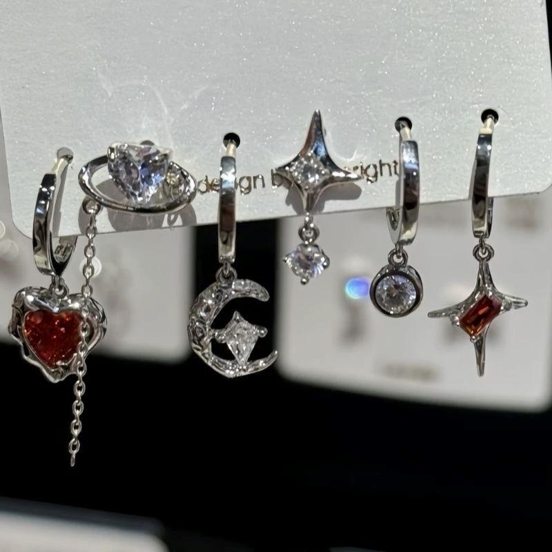 6PCS Set Goth Red Crystal Star Heart Black Pentagram Pendant Earring For Women Vintage Aesthetic Trendy Jewelry Accessories