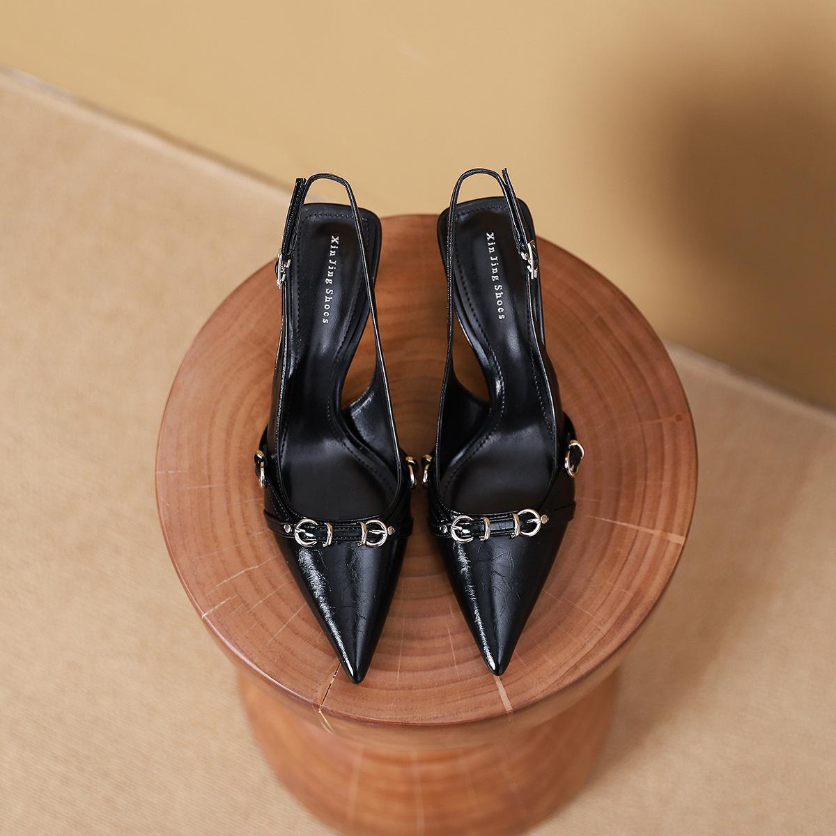 

MT-7 Xiaoxiangfeng bag head thin heel single shoes women s new belt decorative pointed empty high heels single shoes women 35 чорний