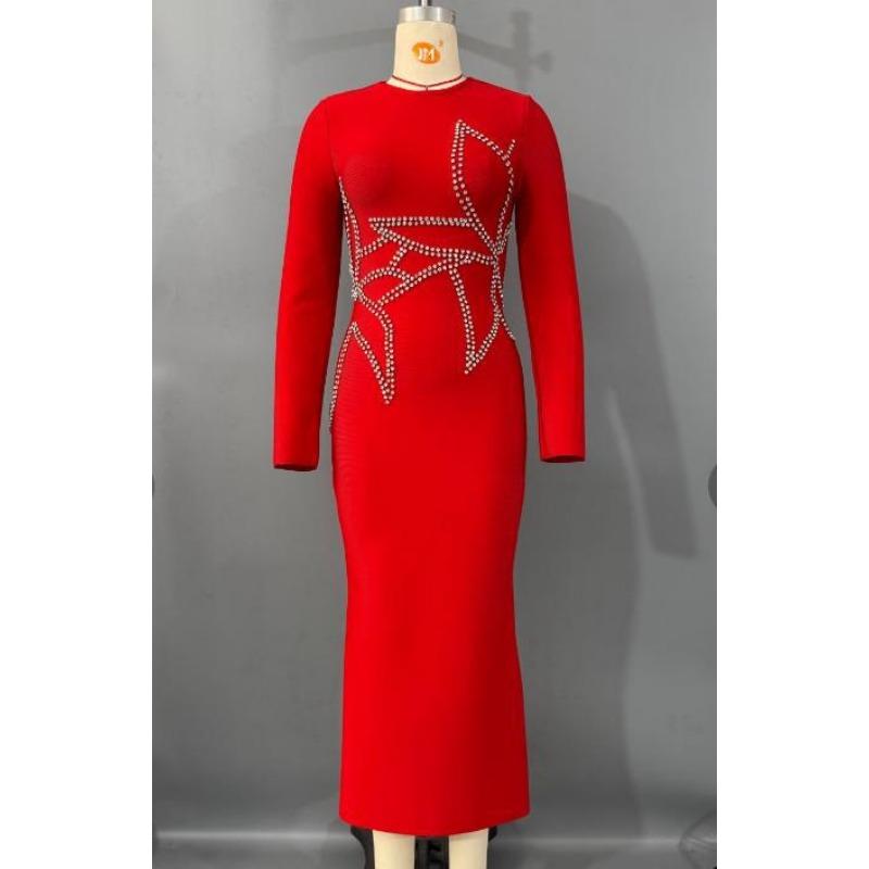 

Новое облегающее бандажное платье, вязаное платье с высокой эластичностью и длинными рукавами, с драпировкой по бокам талии, длинное платье, вечернее платье XL красный