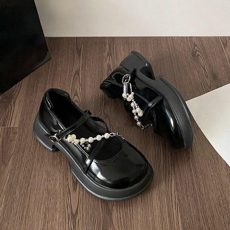 2025 New Women's Black Thick Sole Mary Jane Loafer with Pearl Chain Detail College Style Spring and Autumn Fashion Shoes