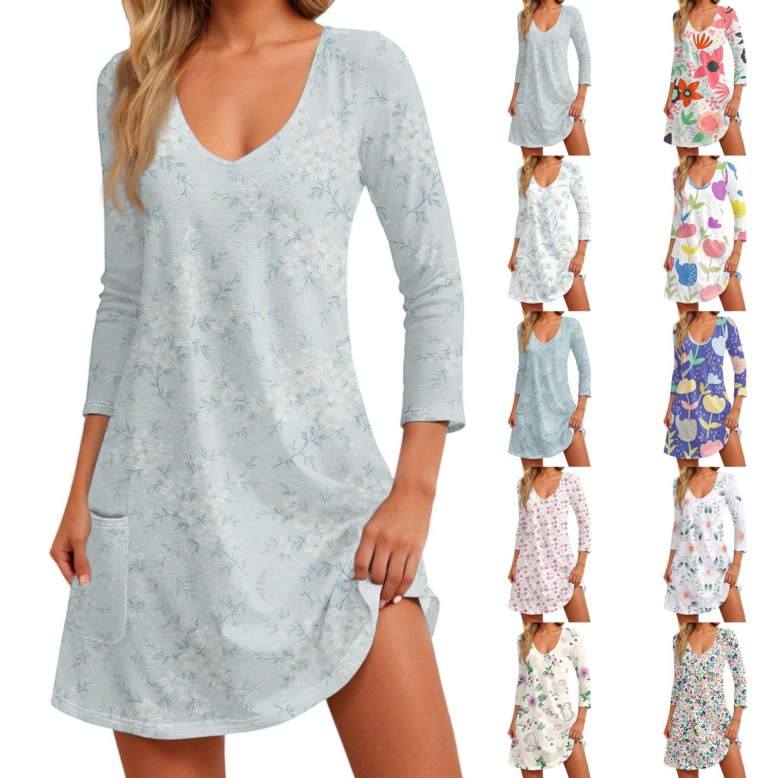

Women s Fashion Casual V-Neck Floral Print Pocket Three-quarter Sleeve Dress M