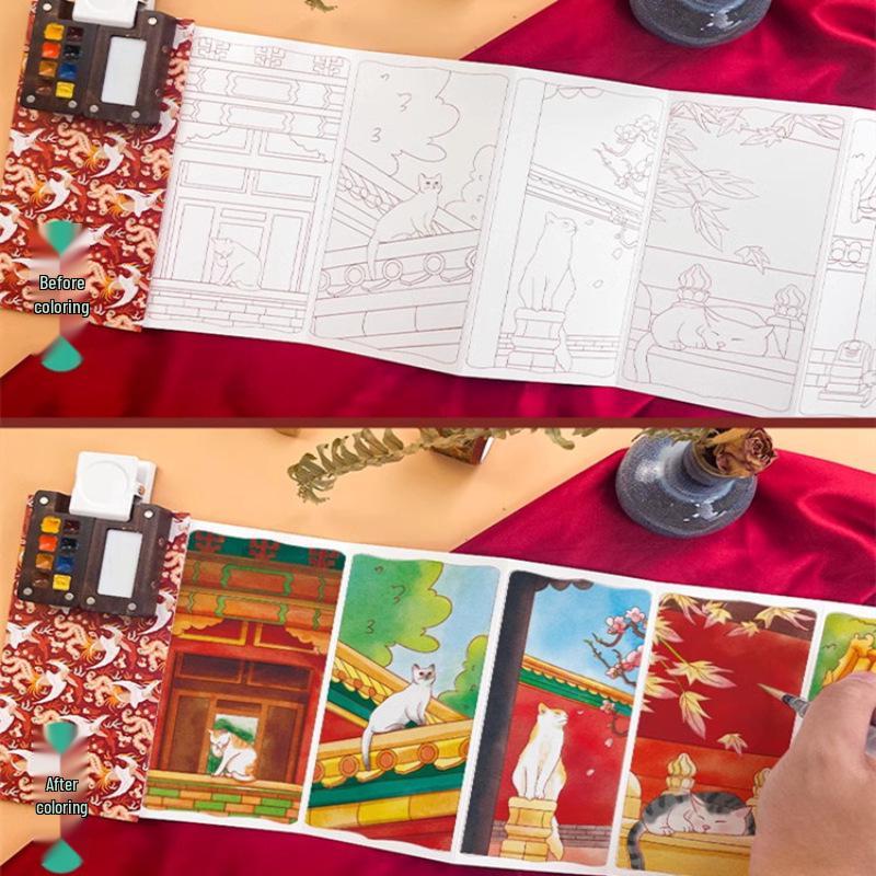 Feile Bird National Style Watercolor Accordion Folded Painting Book - Dunhuang Palace Design, 300g, Includes Line Drawing and Stacking Features.