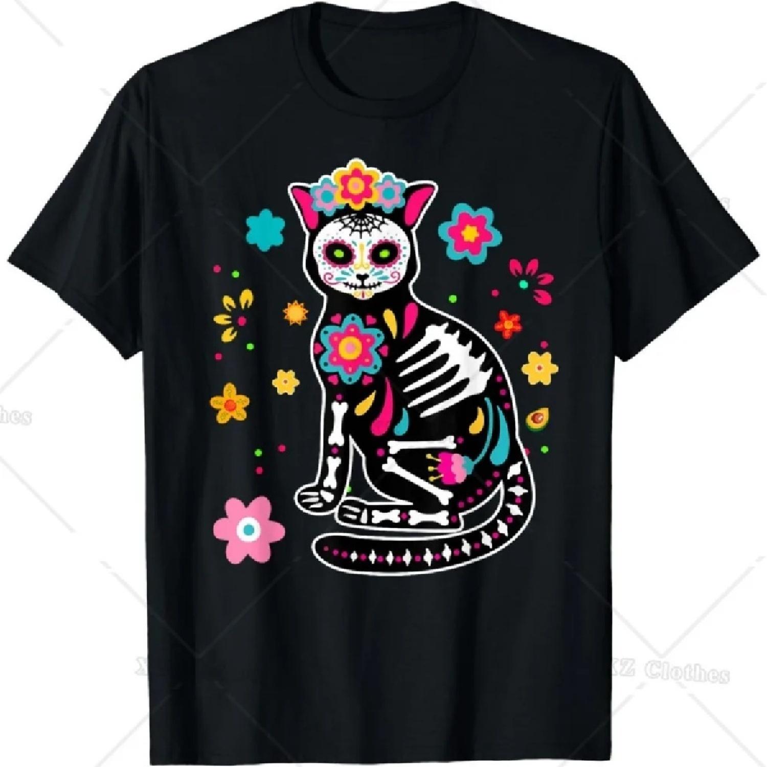 

Dia De Los Muertos Shirt Cat Sugar Skull Mexican Day of Dead T-Shirt for Women Men S