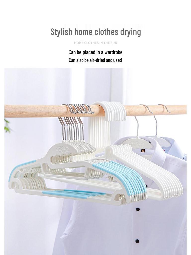 Non-slip, no-mark, reinforced plastic clothes hanger with no shoulder bumps for home use and air drying.