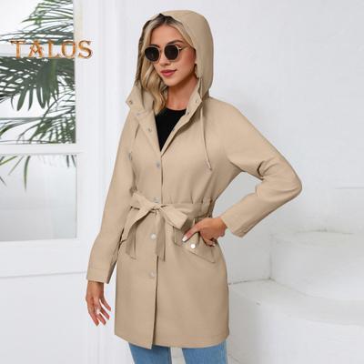 Manteau Femme Automne Hiver Résistant aux éclaboussures Simple boutonnage À capuche Manches longues Lacé Taille cintrée Cordon de serrage Cardigan Pardessus Extérieur Trench-coat