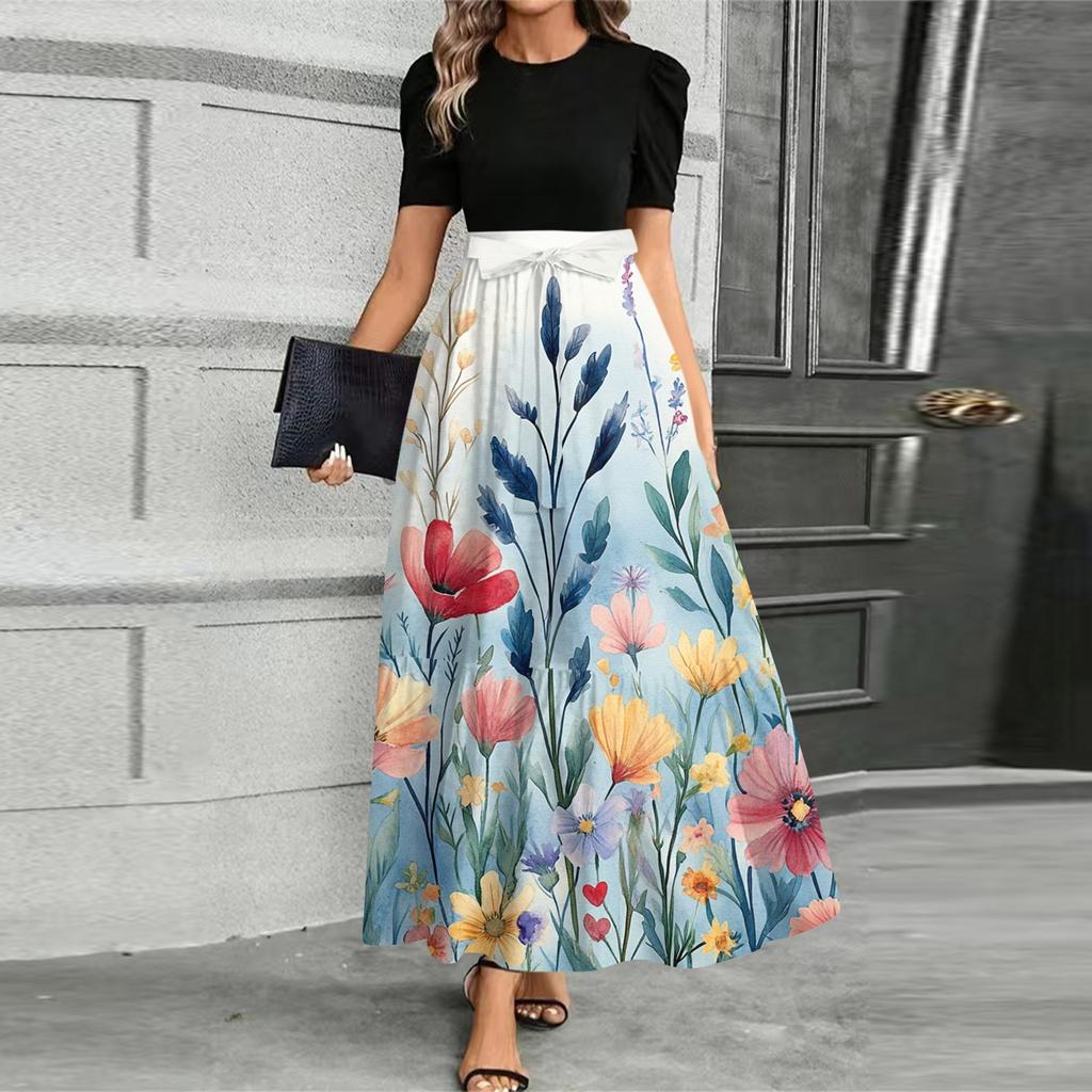 Damen Modisches Lässiges Gürtel Kurzärmeliges Rundhals Print Elegantes Temperament Kleid