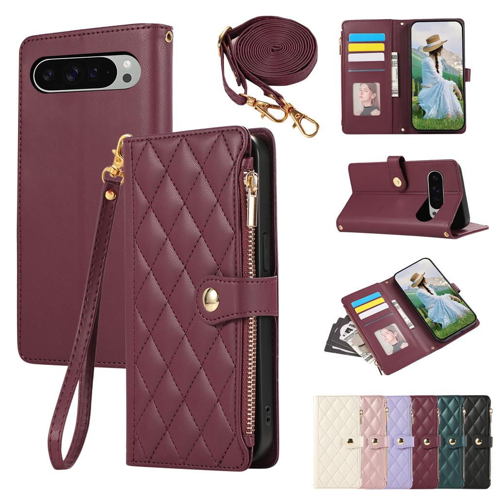 Crossbody-Reißverschlusskarten Solt Leder Flip Wallet Case für Google Pixel 9 Pro XL 8 8A 7 6 Lanyard Kickstand Bag Pocket Book Cover