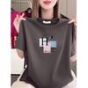 Women's Black Short-Sleeve Summer T-Shirt - Loose Fit, Slimming, Letter Print, Age-Reducing
