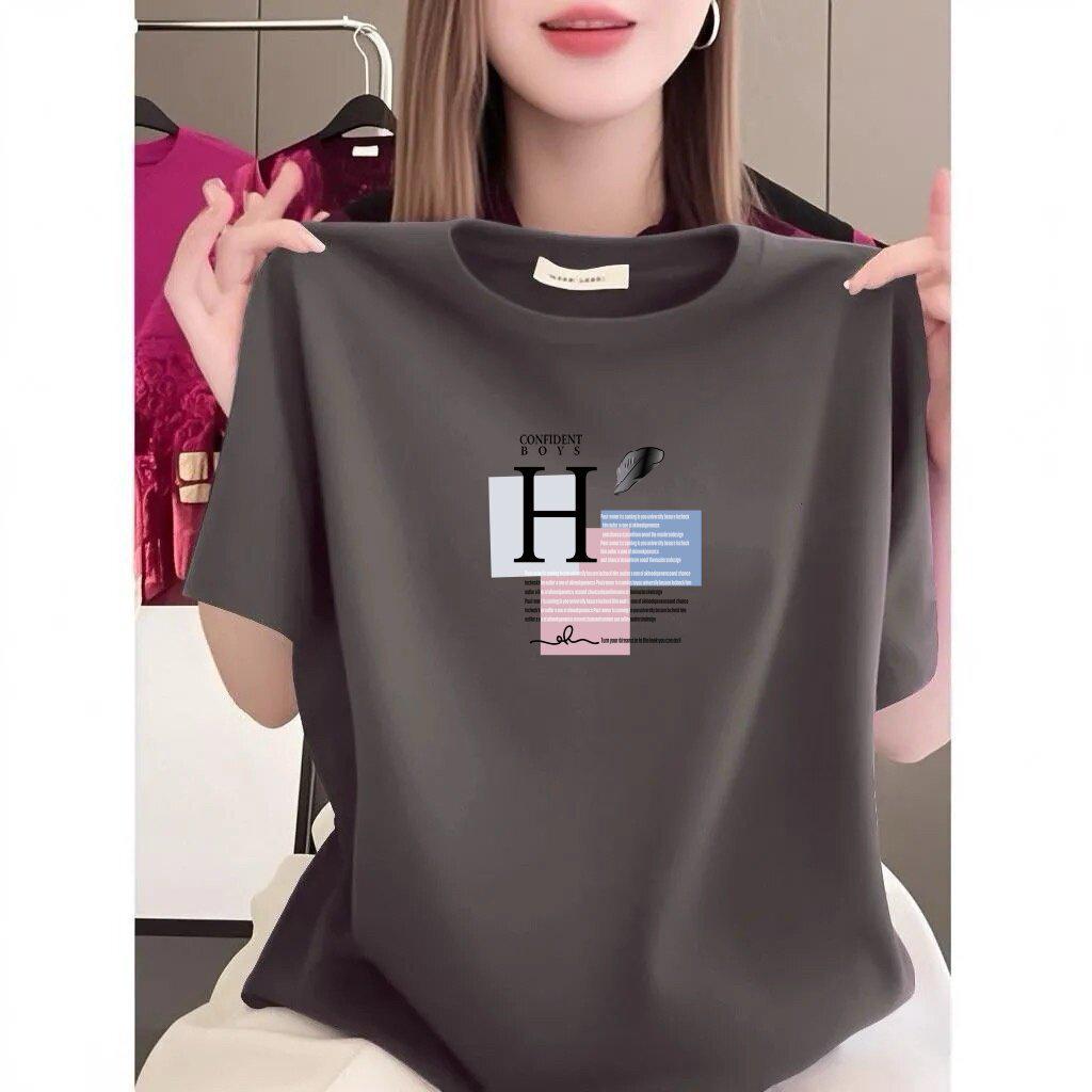 Women's Black Short-Sleeve Summer T-Shirt - Loose Fit, Slimming, Letter Print, Age-Reducing