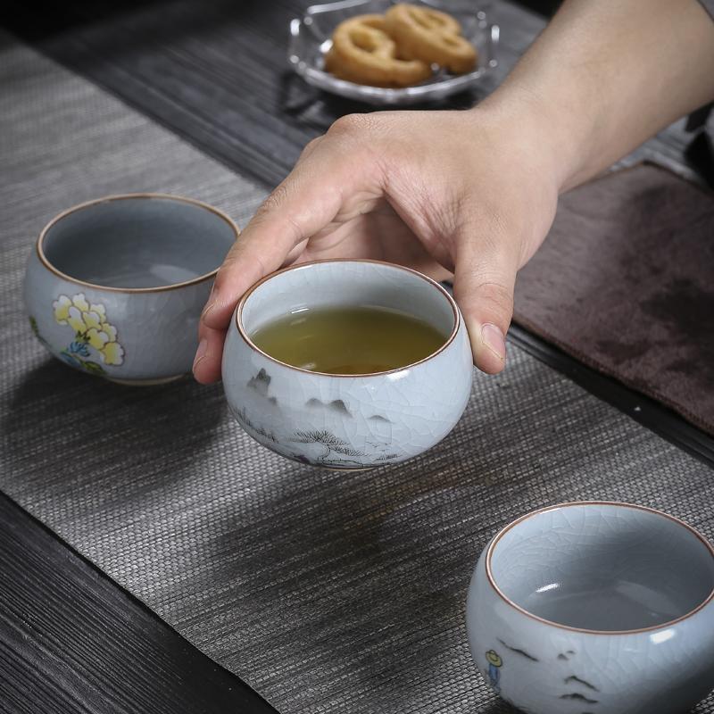 Boutique Ru Kiln Ceramic Teacup Hand Painted Flowers Meditation Cup Travel Tea Bowl Tie Guanyin Pu'er Master Cup Tea set Gifts