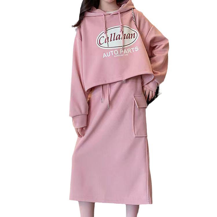 2024 Mädchen Koreanischer Stil Kapuzen-Buchstaben-Top & Rock Zweiteiler Frühling/Herbst Modekleid