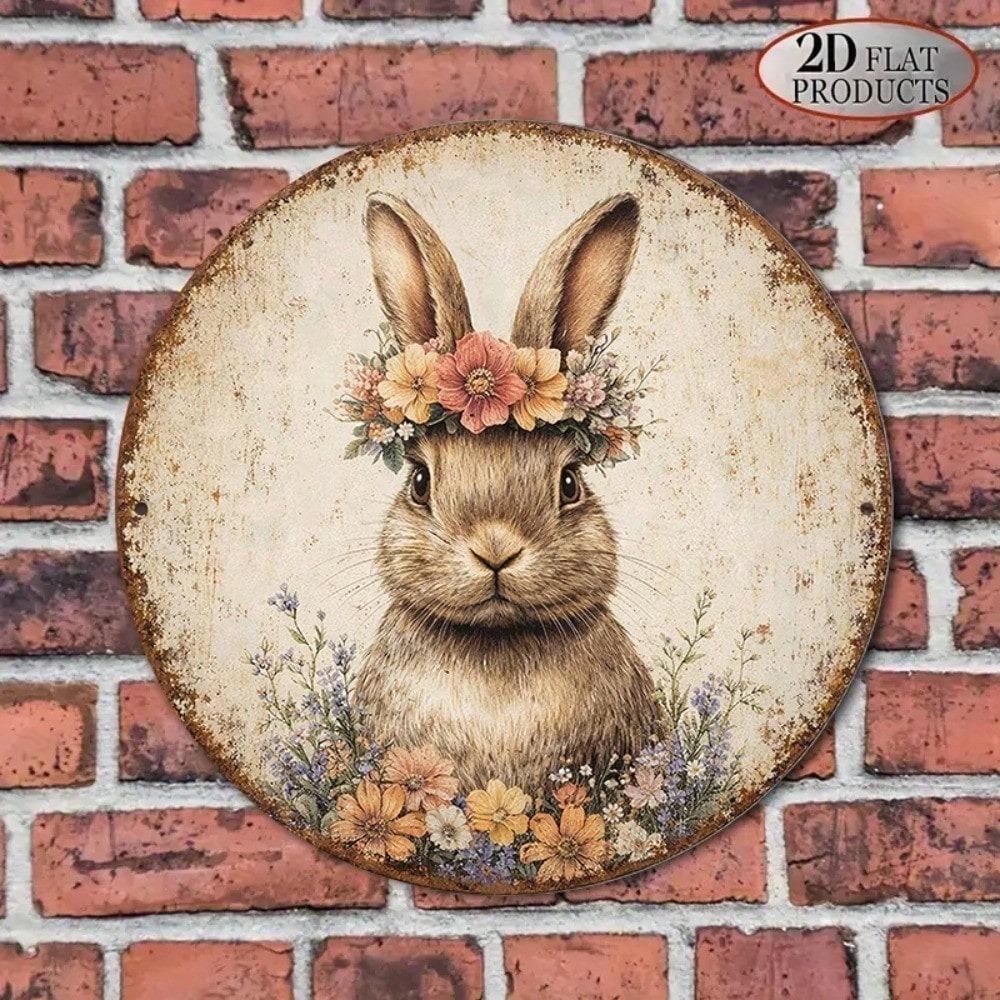 Vintage Rabbit Wreath Wooden Plaque 8x8in Spring Pastoral Wall Art