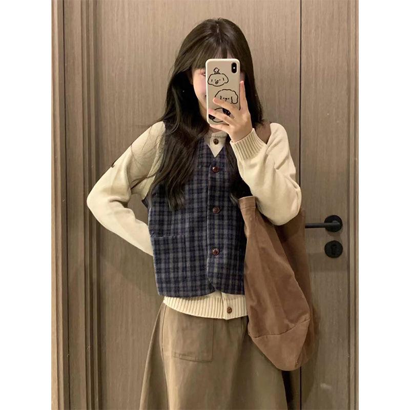 

Японский ретро-клетчатый жилет в стиле мори-гёрл, абрикосовый кардиган и миди-юбка в комплекте для студенток S