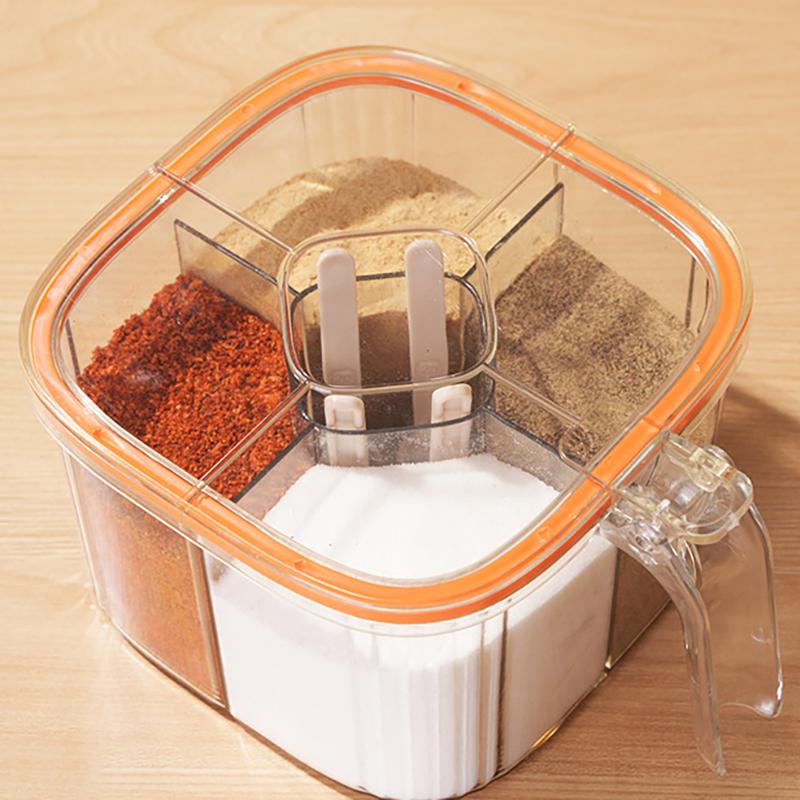 Multi-Grid Salt Seasoning Box With Spoons And Sealed Lid Transparent Spice Jar Chili Powder Sugar Bowl Moisture-Proof Container