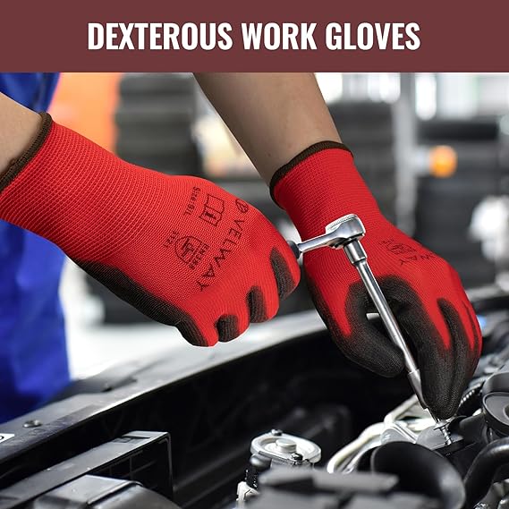 Rękawice Robocze Bezpieczeństwa Pokryte PU - 12 Par, Czerwone Rękawice Dziane Bezszwowe z Gładkim Chwytem Pokrytym Poliuretanem, dla Mężczyzn i Kobiet, Idealne do Prac Ogólnego Zastosowania.