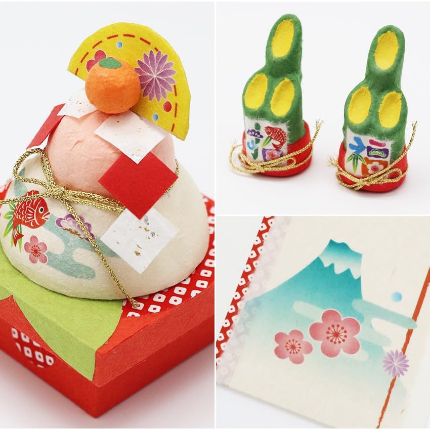 Osaka Choseido New Year's Ornaments, Ornament Set, Torn Washi Paper, Kagami Mochi, Kadomatsu, with Original Wooden Tag