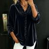 Women's Loose Fit V-Neck Blouse with Button Front and Ruffled Hem Long Sleeve Color Top for Casual Everyday Wear