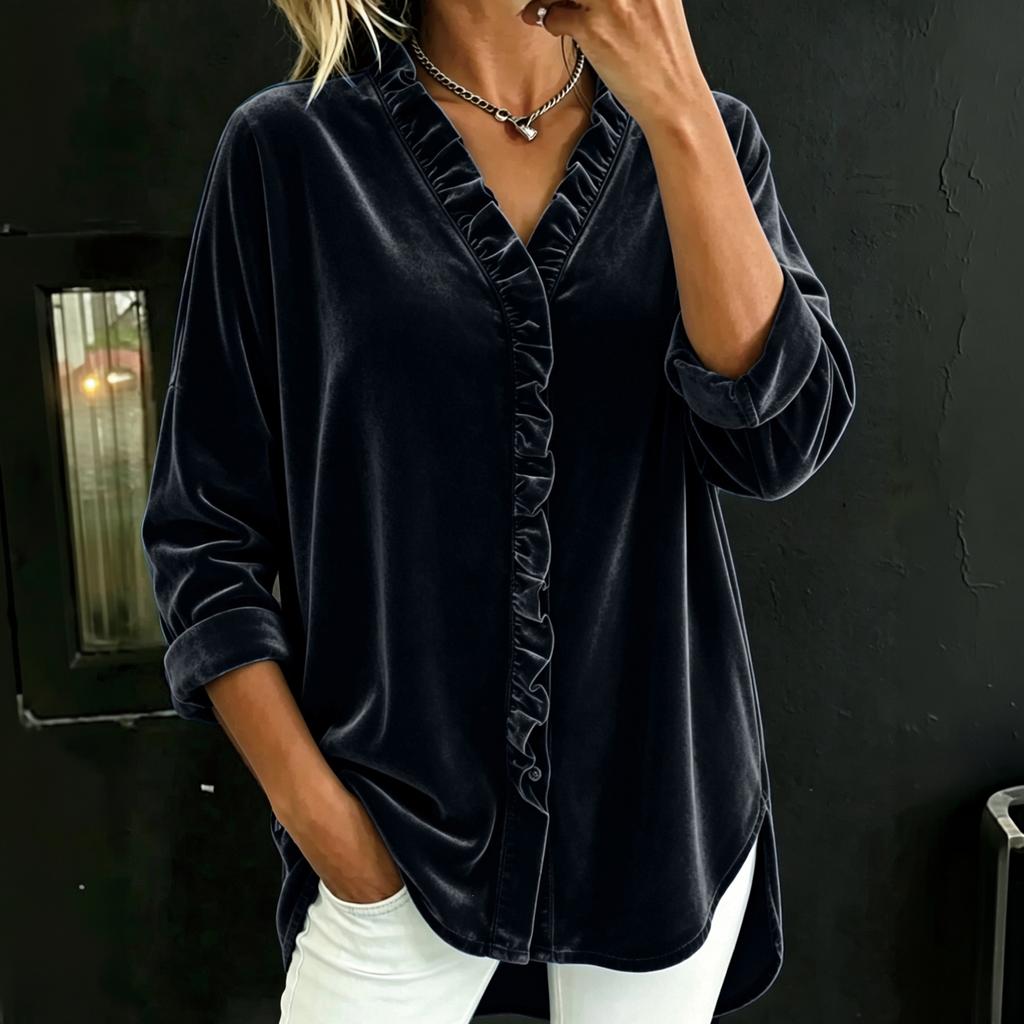 Women's Loose Fit V-Neck Blouse with Button Front and Ruffled Hem Long Sleeve Color Top for Casual Everyday Wear