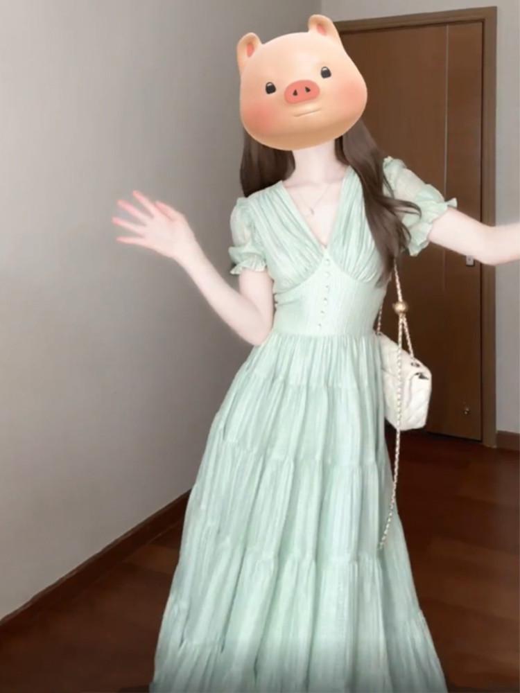 Women s Green V-Neck Waist-Cinching Long Dress - Elegant French Afternoon Tea Style, Summer 2026 Arrival L