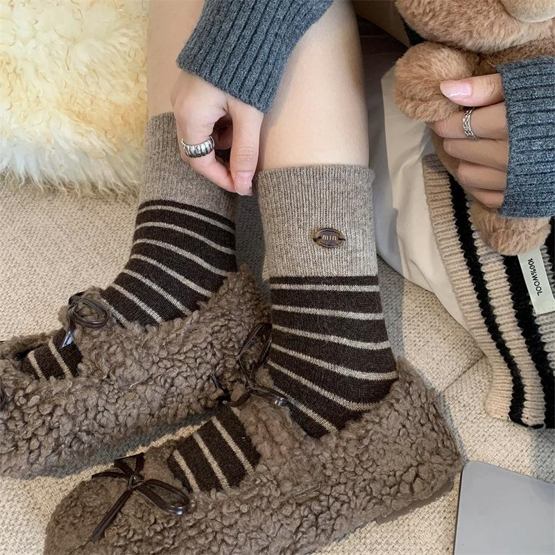 Socks Winter Thickened Boneless Stripe Splicing Tie Warm Stockings, Stockings, Button-Pile Socks