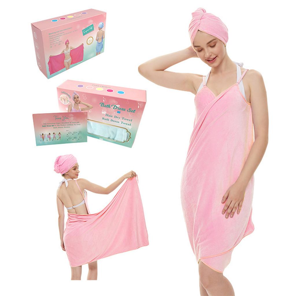Wearable Bath Towel Ultra Absorbent Microfiber Hair Drying Cap and Camisole Towel Set for All Ages