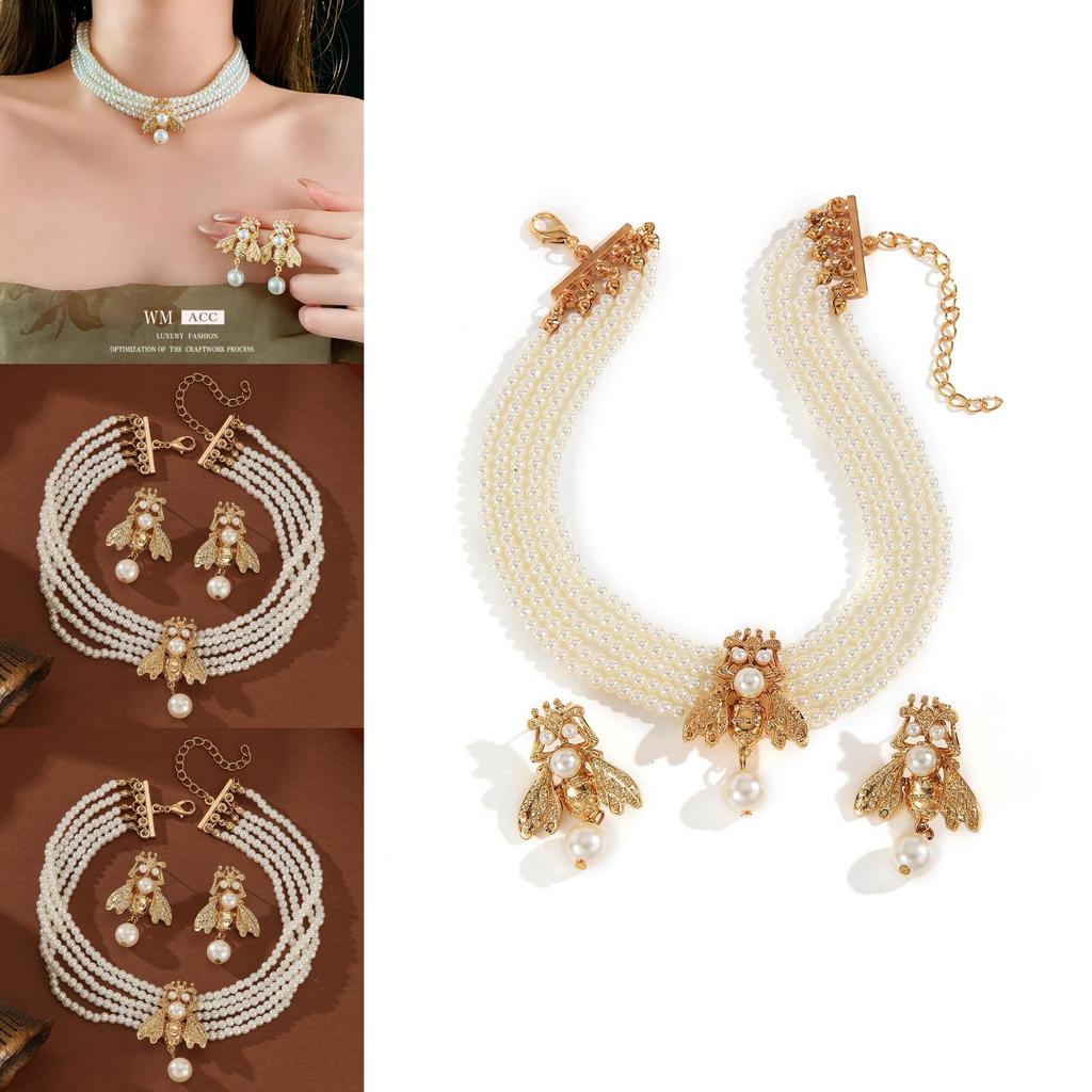 Pearl Animal Jewelry Set With Gold Small Bee Pendant And Earrings For Women