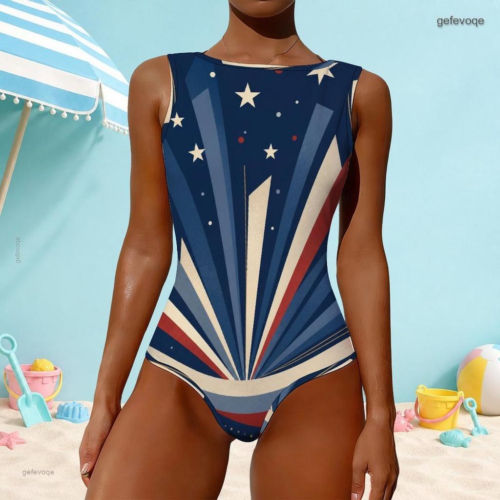 Women Plus Size High Round Neck Sleeveless One Piece Star Moon Printed Swimsuit