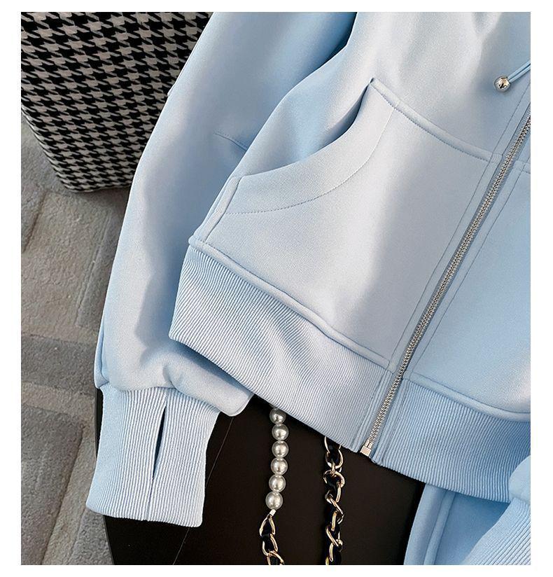 Women's Trendy Blue Velvet-Lined Hooded Sweatshirt & Wide-Leg Pants Set for Fall & Winter