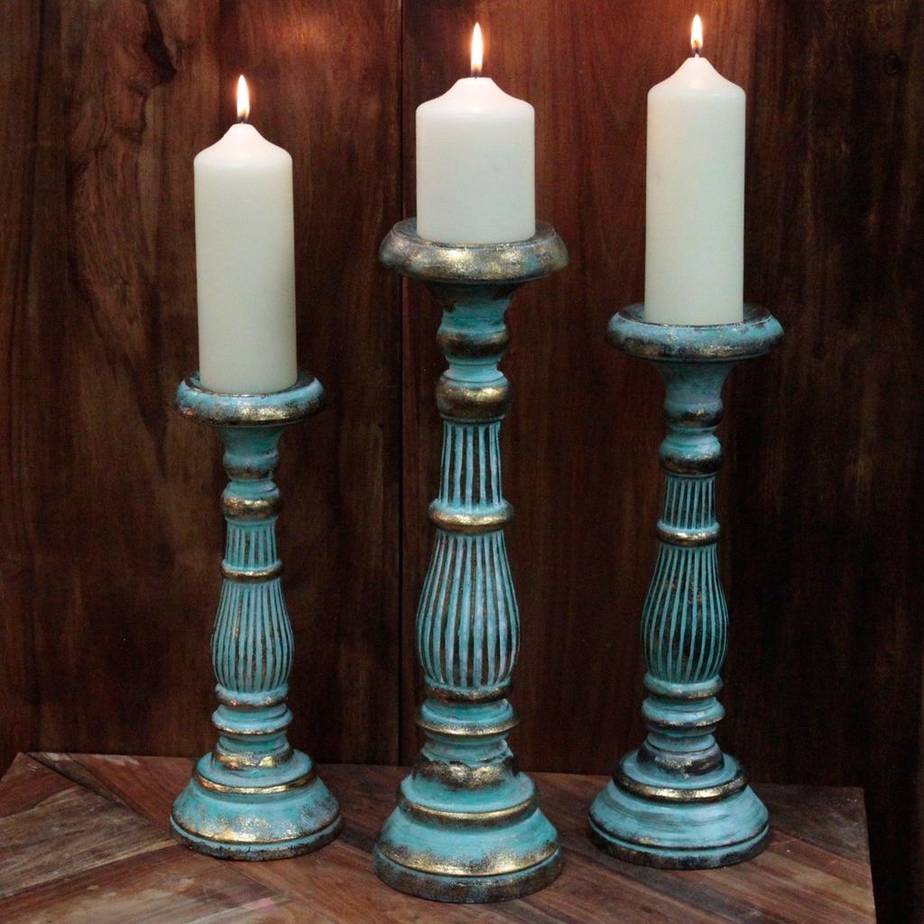 Wooden Candlestick Holder Medium Turquoise Gold