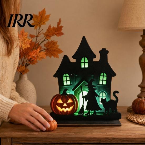 Black Cat Halloween Ornament Witch Wooden Table Centerpiece, Spooky Castle Standing Durable Silhouette Tabletop for Party, Desk Tiered Tray