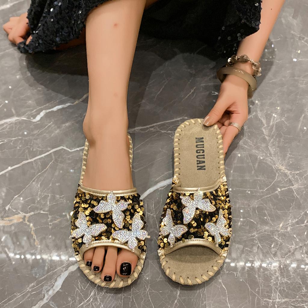 Fashion Women Slippers Summer Luxurious Rhinestone Slippers Anti-slip Wear-resistant Casual Flat Sandal Slides Women Zapatos De Mujer