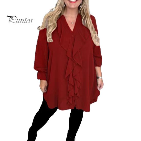 

Женская рубашка с V-образным вырезом, длинным рукавом, оборками, повседневная рубашка, однотонные повседневные свободные топы, шифоновая блузка, повседневная одежда XL красный