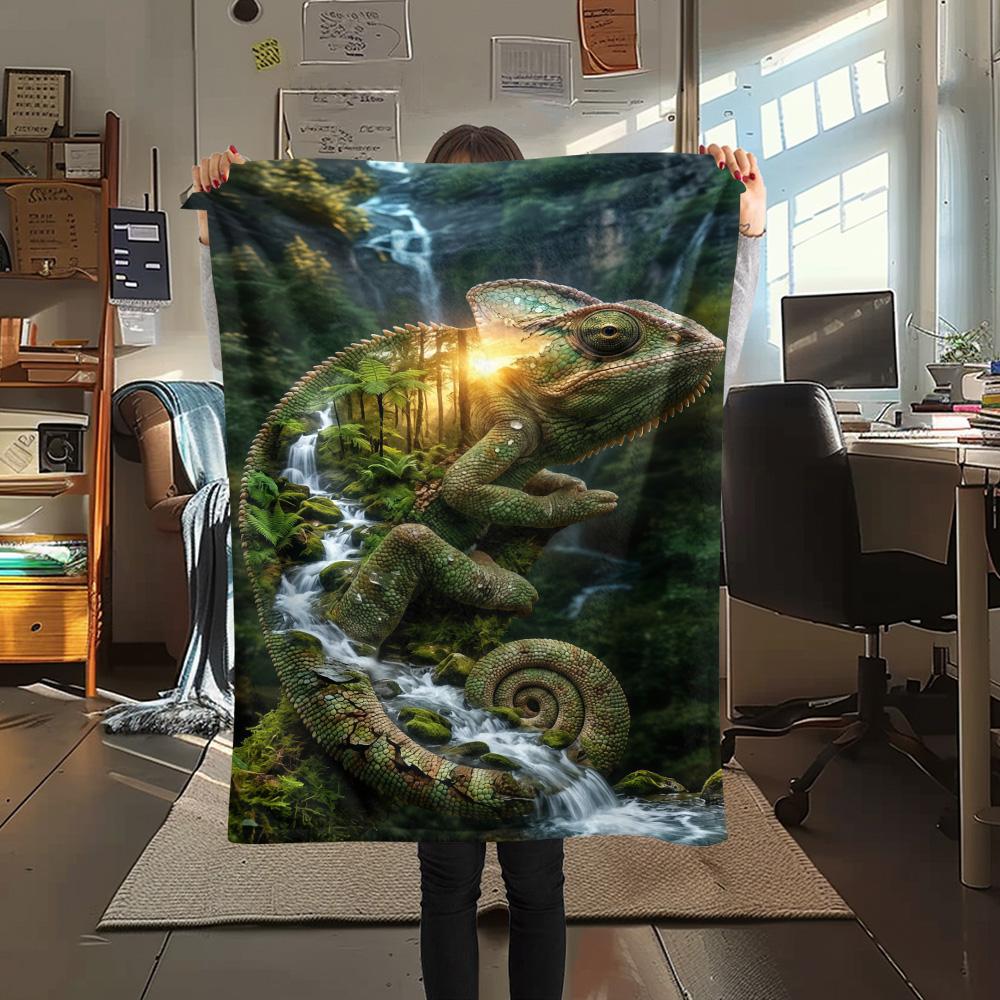 1PC Cute Chameleon Print FlAannel Blanket, High quality Comfortable for All Seasons, Home Decor, Warmth and Comfort