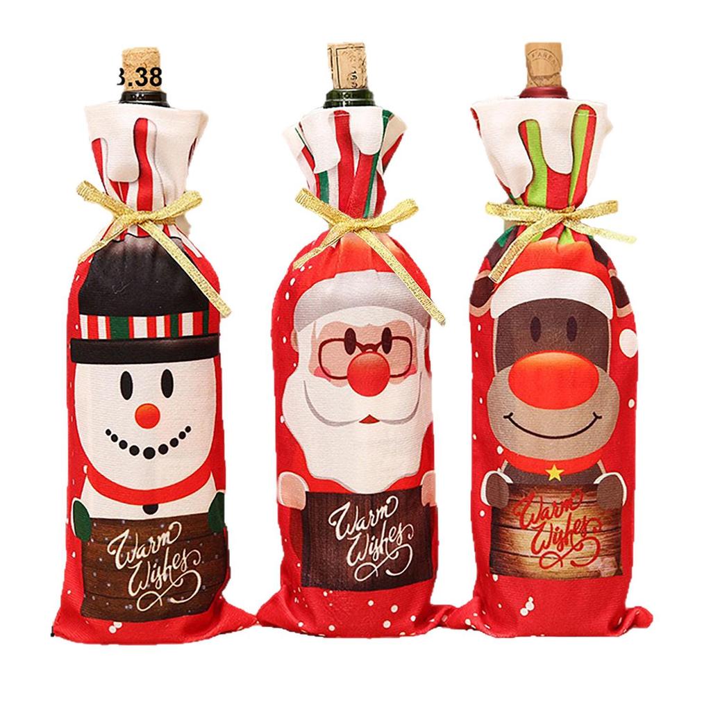 Christmas Table Decor Wine Bottle Covers – Holiday Cartoon Drawstring Set