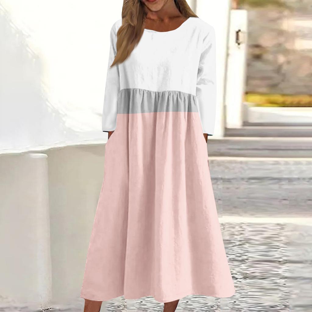 Dámské ležérní midi šaty s kulatým výstřihem a pruhovaným potiskem, s dlouhým rukávem a kapsou