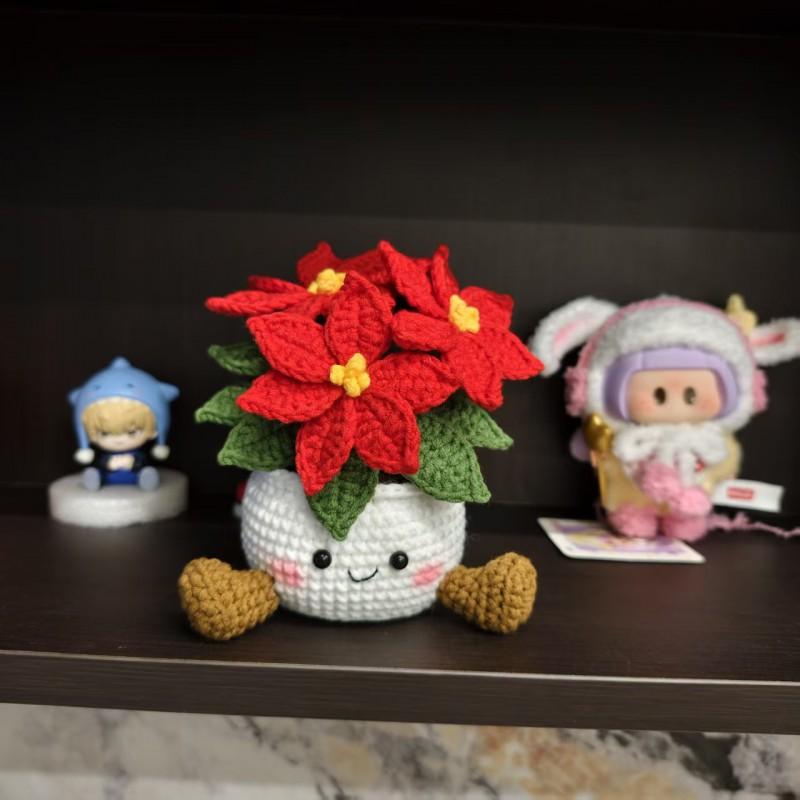Handmade Crochet Christmas Decorative Plant Pot With Smiling Face - Festive Indoor Desk Ornament Holiday Home Office
