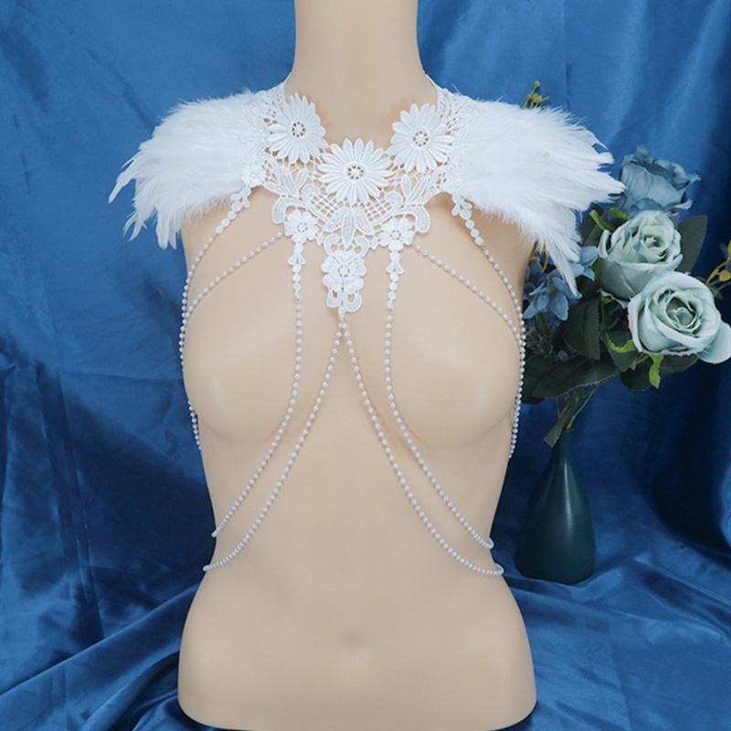 Luxuriöse Perlen Leder Schulterkette Körperkette für Vintage Braut Look Hochzeit und Bühnenauftritte