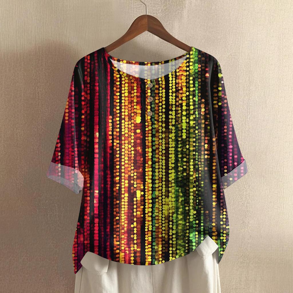 Women's Fashionable And Casual Shirt Half-sleeve Round Neck Cotton And Linen Blouse Top
