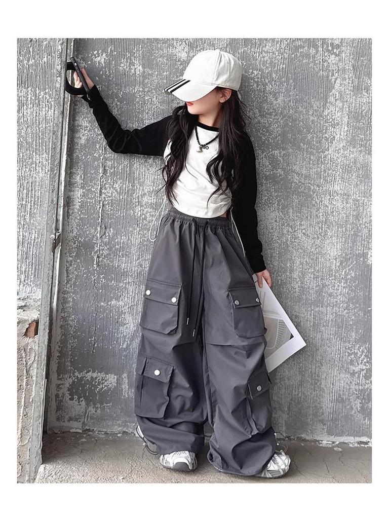 2025 Neue Mädchen Cargo-Hose mit weitem Bein: Stilvolle Herbst-Streetwear für große Kinder