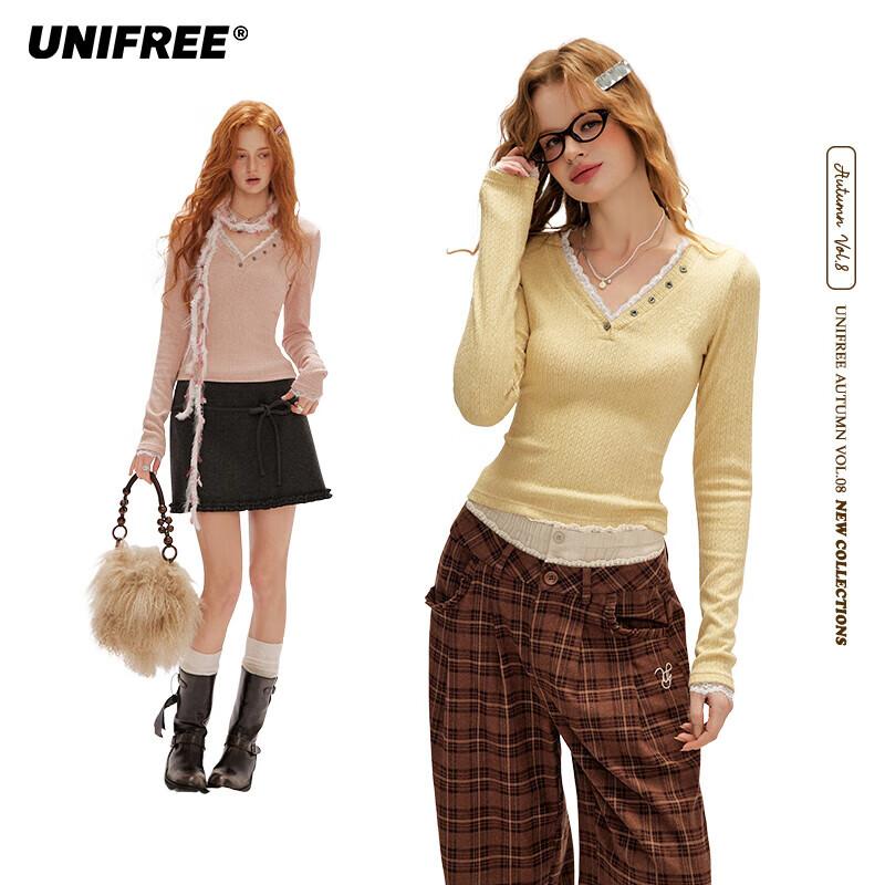 UNIFREE Women s V-Neck Lace Trim Slim Fit Long Sleeve T-Shirt S