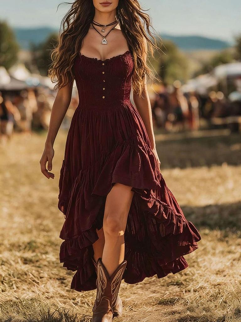 2026 Spring/Summer Elegant Ruched Bust Cinched Waist Strapless Ruffle Skirt