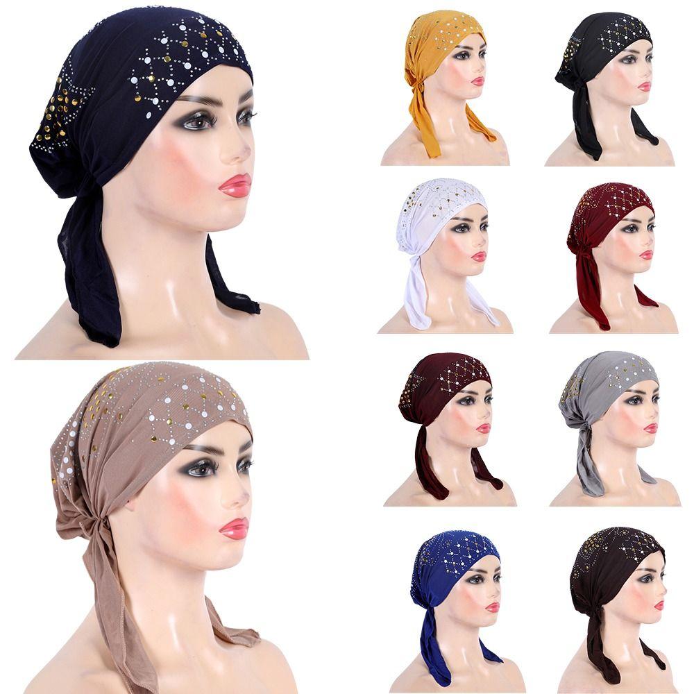 Fashion Gold Sequins Turban Hijab Cotton Solid Color Pull On Headwrap Breathable Soft Headscarf Hat
