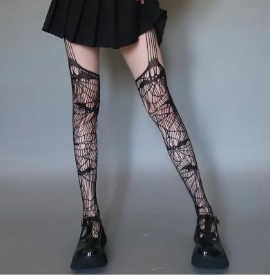 Women'S Spider Fishnet Stocking Sexy Hollow Garter Bat Dark Gothic Mesh Leggings Lolita Jk Tights Halloween Cosplay Pantyhose