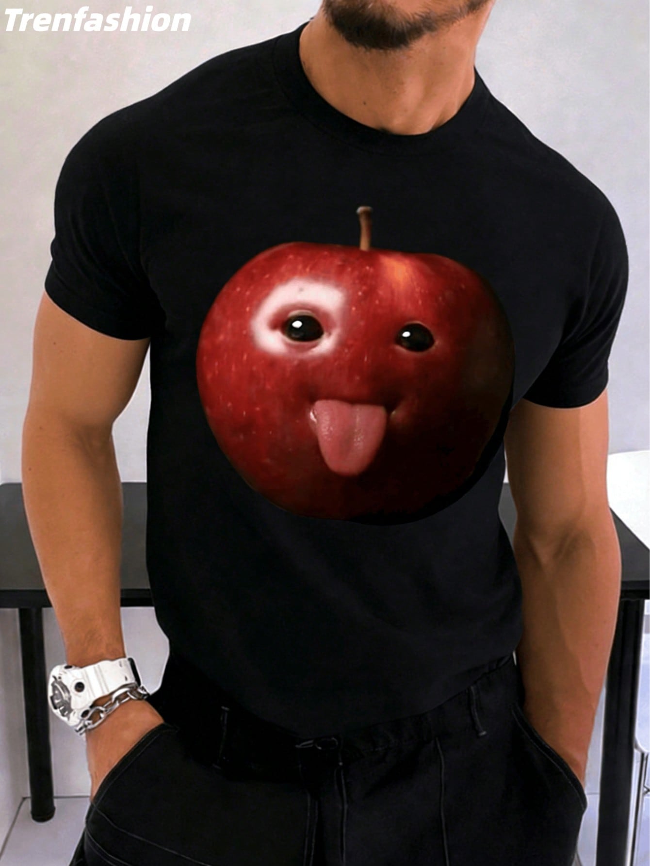 Trenfashion Unisexs Black Short Sleeve Graphic Tee With Silly Apple Face Meme Print Funny Casual Crewneck T Shirt Funny Silly M