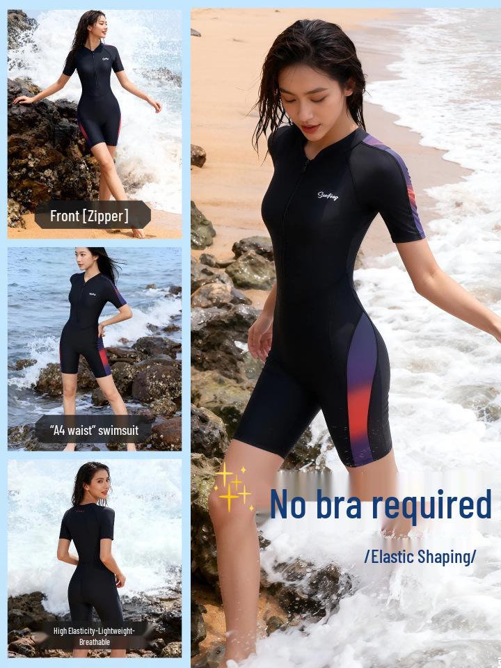 2026 Women's Sporty Color Block One-Piece Swimsuit - Short-Sleeve, Slimming, Conservative Design