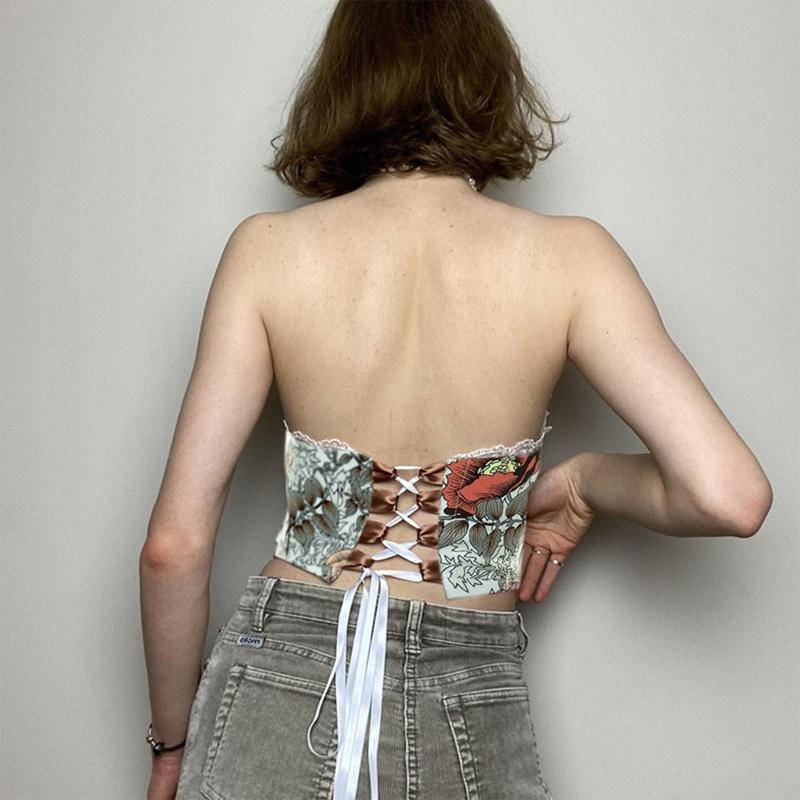 Sweet Floral Printing Backless Female Waist Corset Sleeveless Top Women Slimming Waistband Elasticity Corsets T-shirt